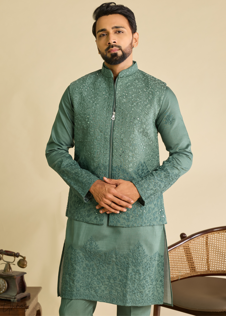 Sage Green Blossom-Vine Silk Tunic Vest Set