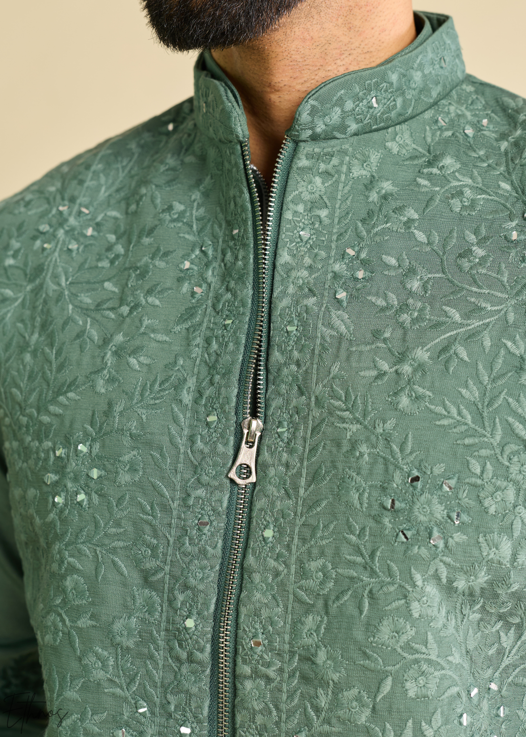 Sage Green Blossom-Vine Silk Tunic Vest Set