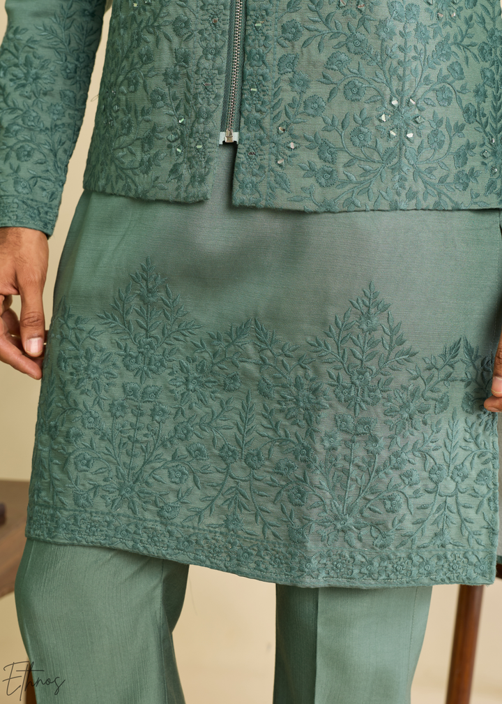 Sage Green Blossom-Vine Silk Tunic Vest Set