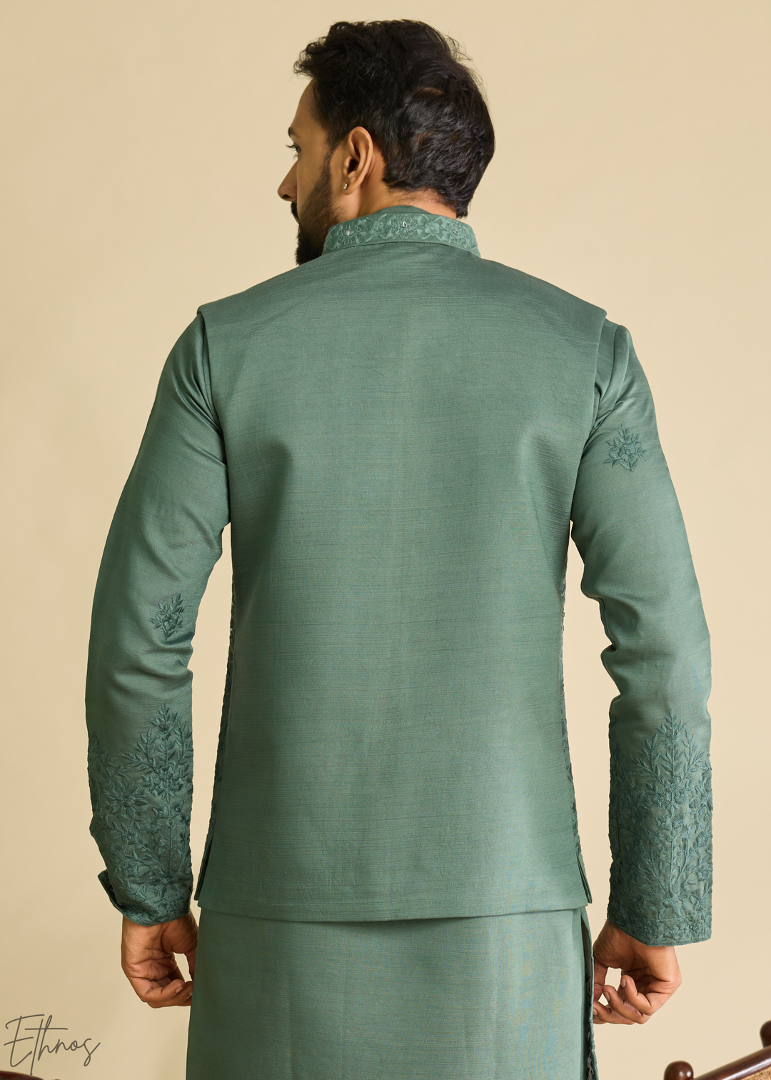 Sage Green Blossom-Vine Silk Tunic Vest Set