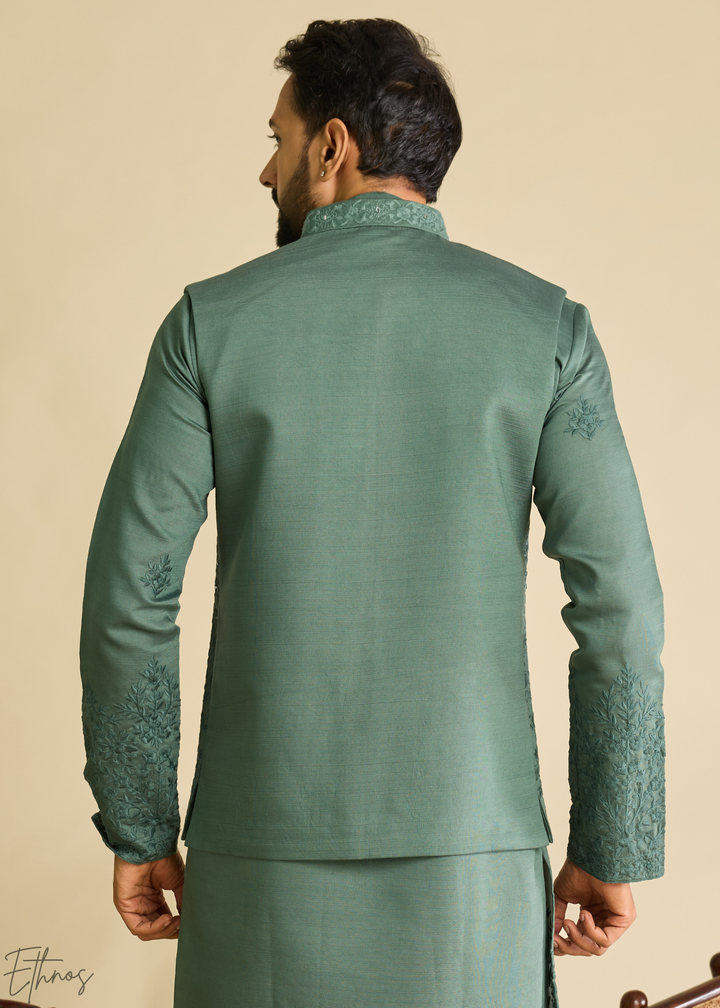 Sage Green Blossom-Vine Silk Tunic Vest Set