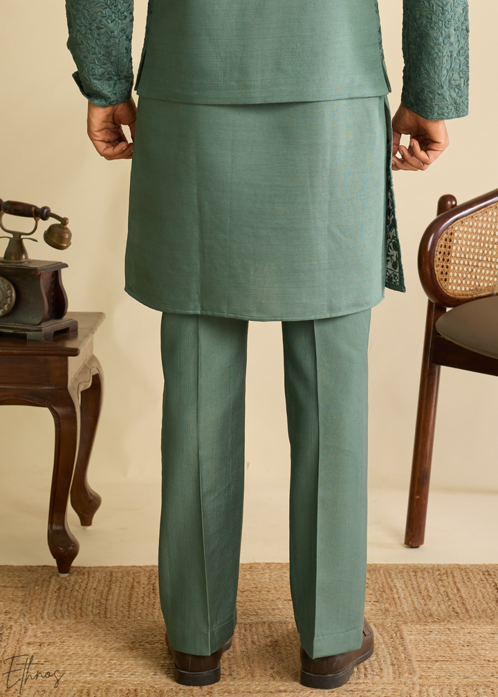 Sage Green Blossom-Vine Silk Tunic Vest Set