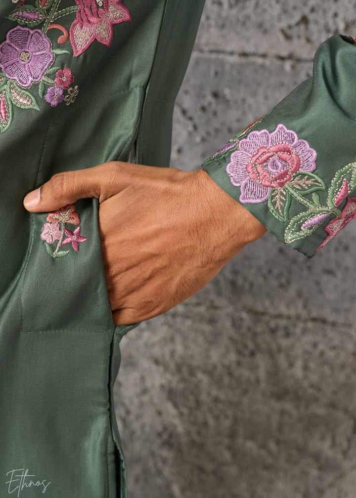Sage Green Botanical-Embroidered Silk Kurta Pajama Set