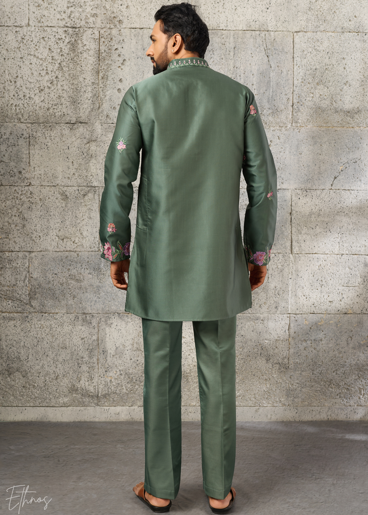 Sage Green Botanical-Embroidered Silk Kurta Pajama Set