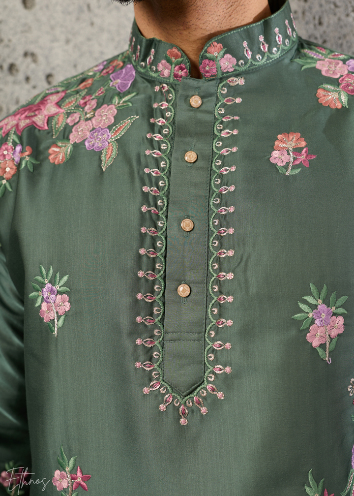Sage Green Botanical-Embroidered Silk Kurta Pajama Set