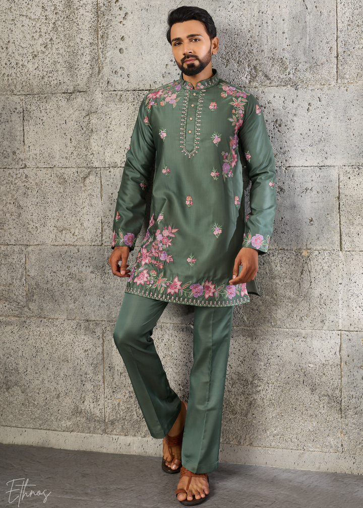 Sage Green Botanical-Embroidered Silk Kurta Pajama Set