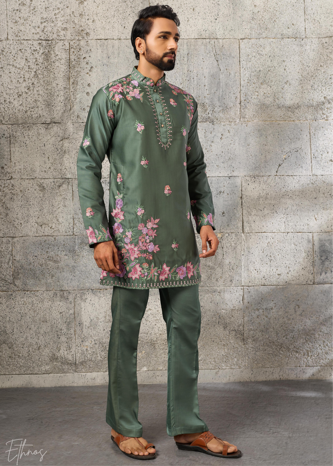 Sage Green Botanical-Embroidered Silk Kurta Pajama Set