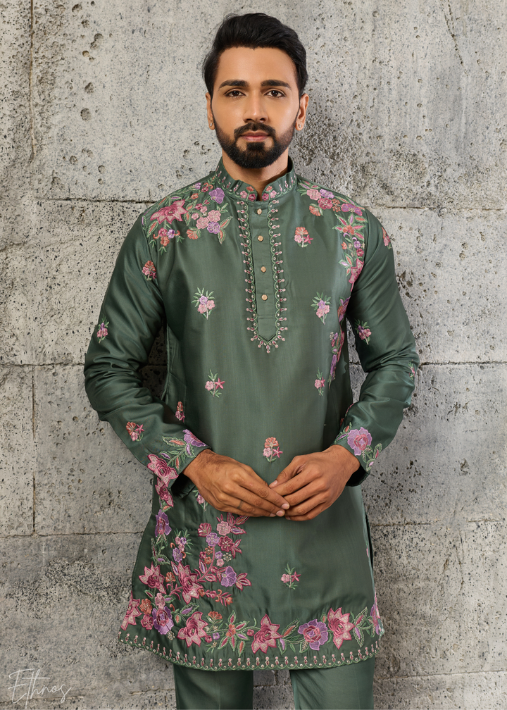 Sage Green Botanical-Embroidered Silk Kurta Pajama Set