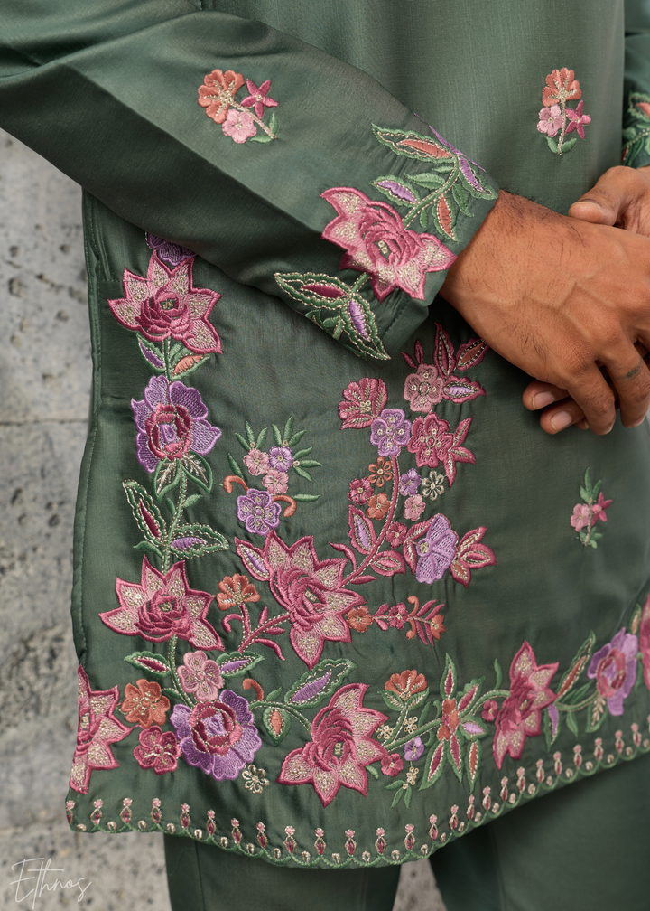 Sage Green Botanical-Embroidered Silk Kurta Pajama Set