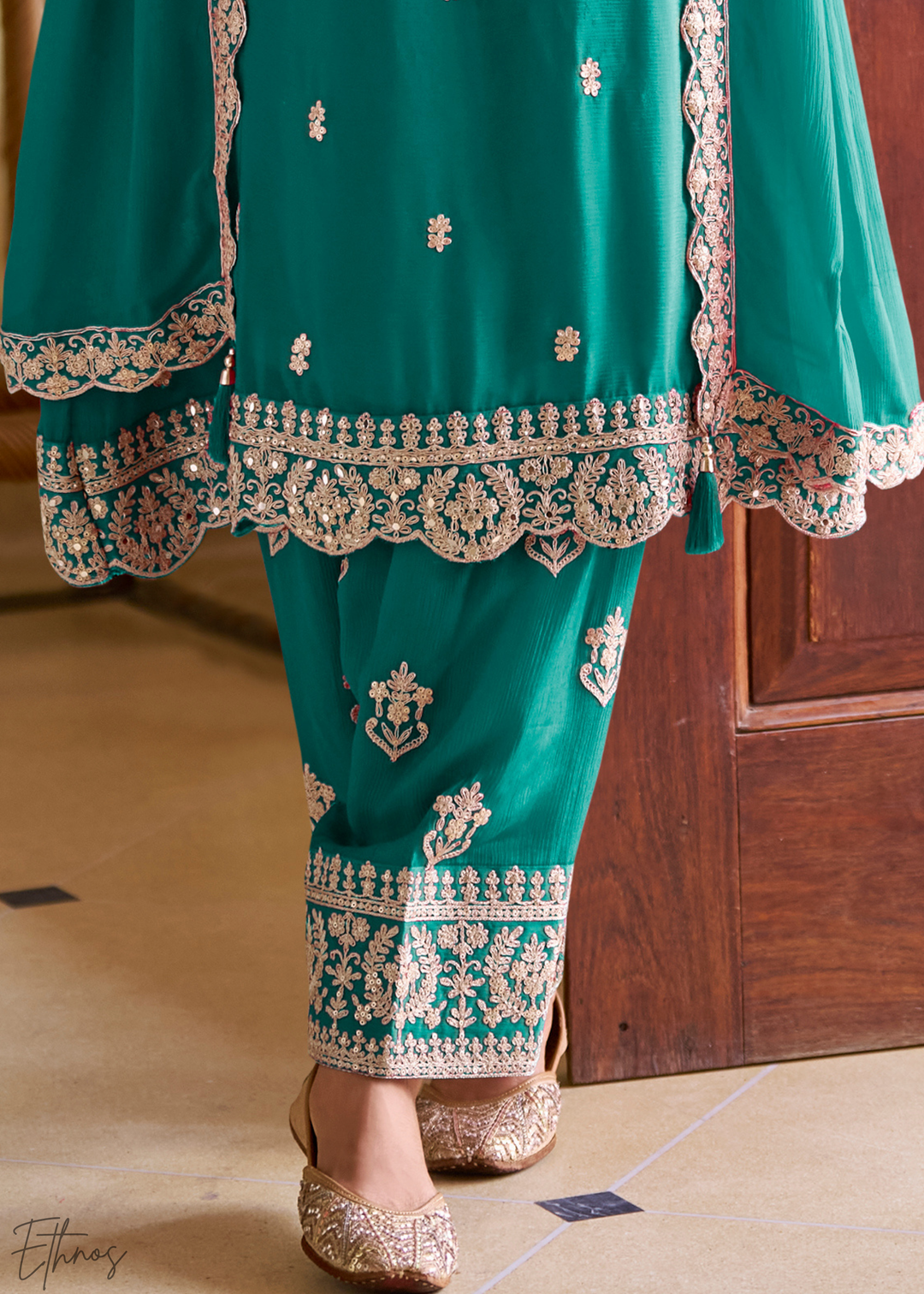 Sage Green Embroidered Chinon Salwar Suit