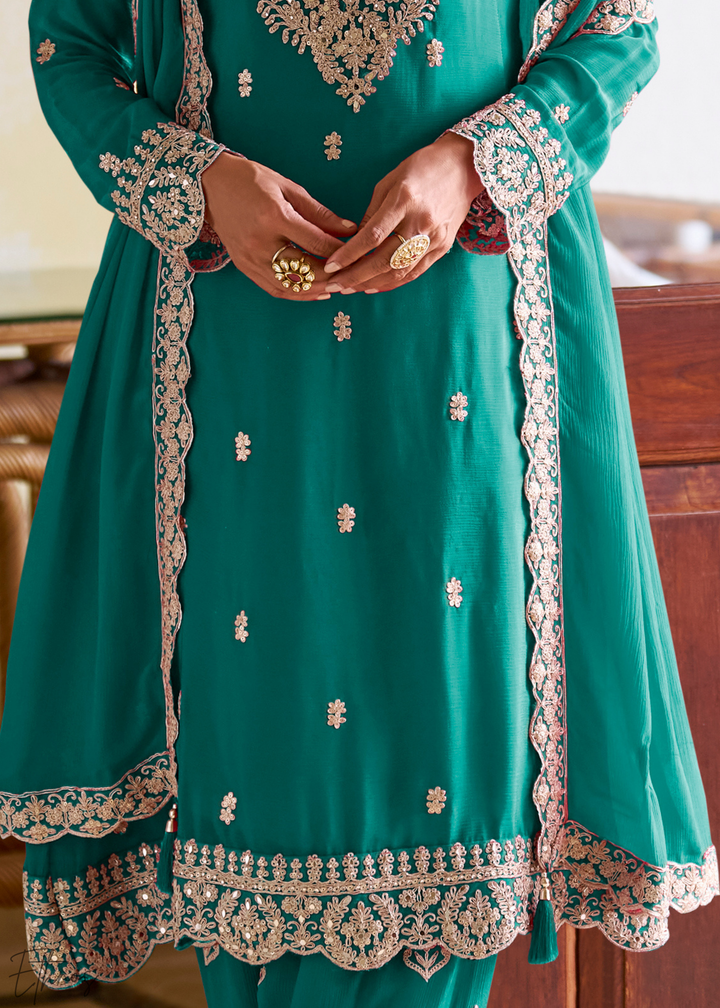 Sage Green Embroidered Chinon Salwar Suit