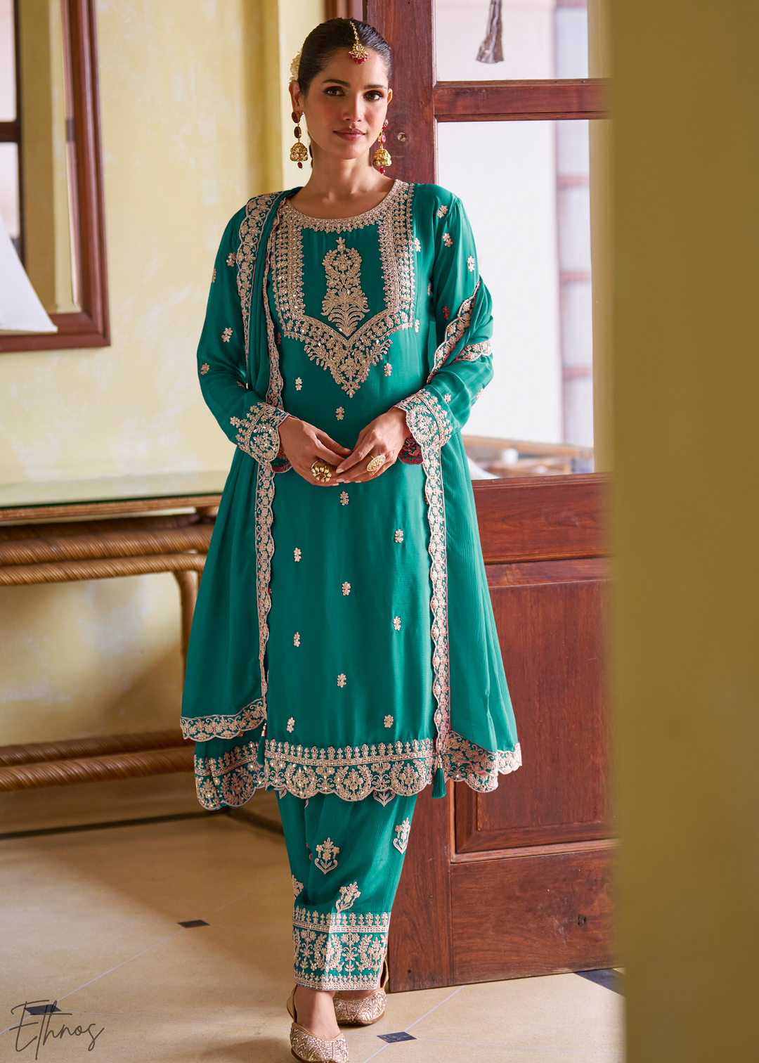 Sage Green Embroidered Chinon Salwar Suit