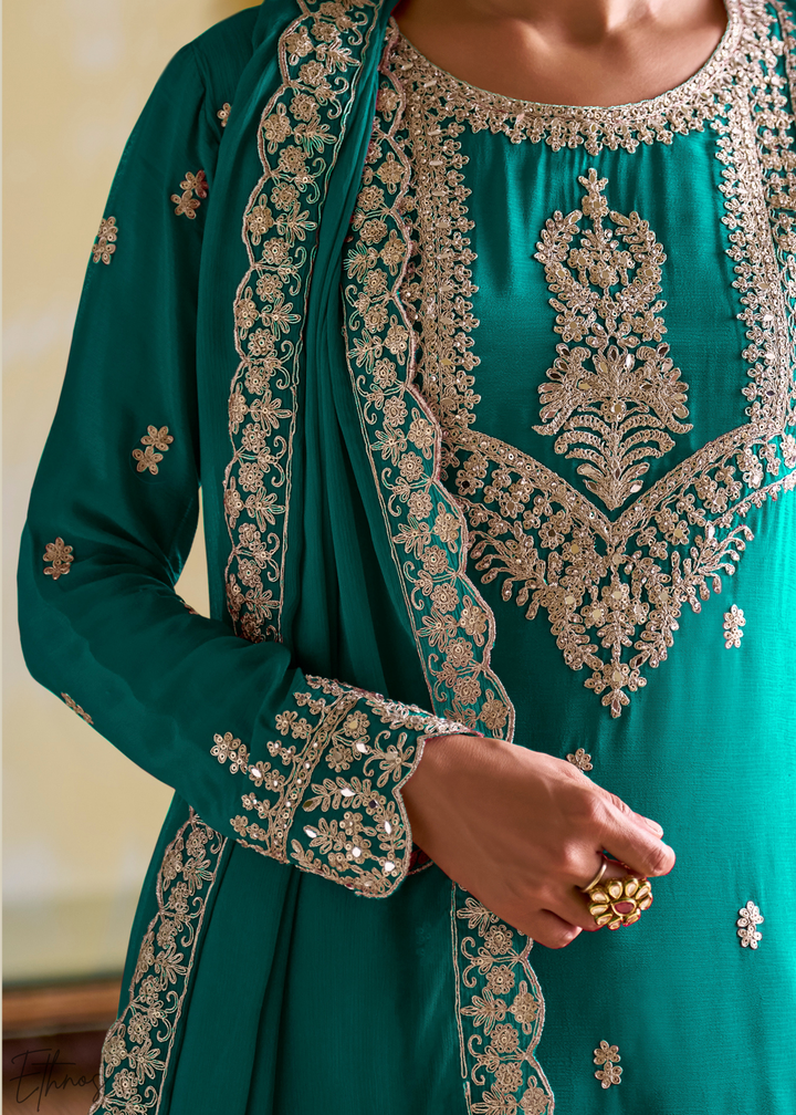Sage Green Embroidered Chinon Salwar Suit