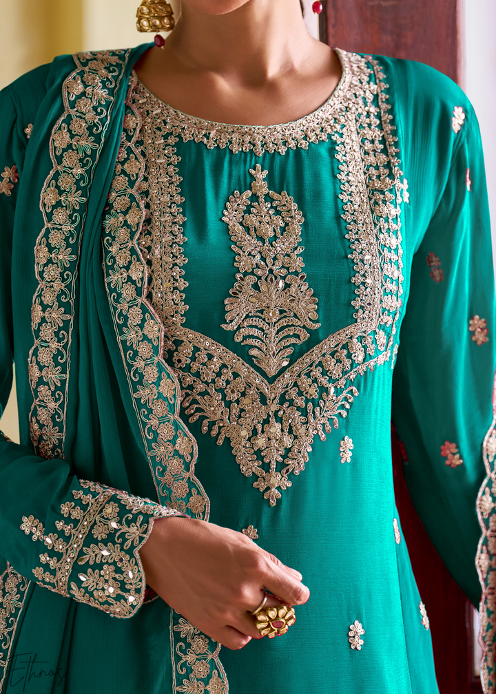 Sage Green Embroidered Chinon Salwar Suit