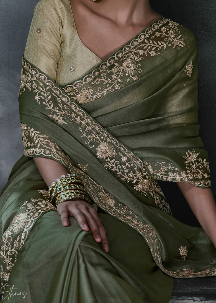 Sage Green Classic Border Organza Silk Saree