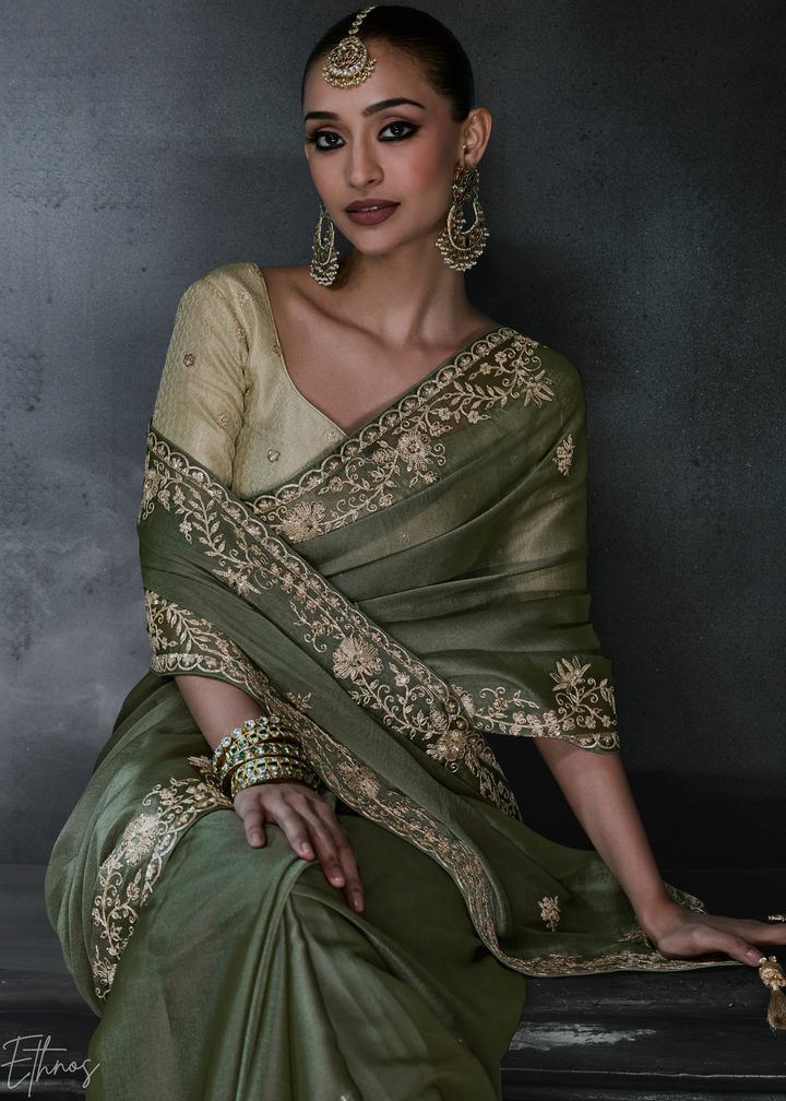 Sage Green Classic Border Organza Silk Saree