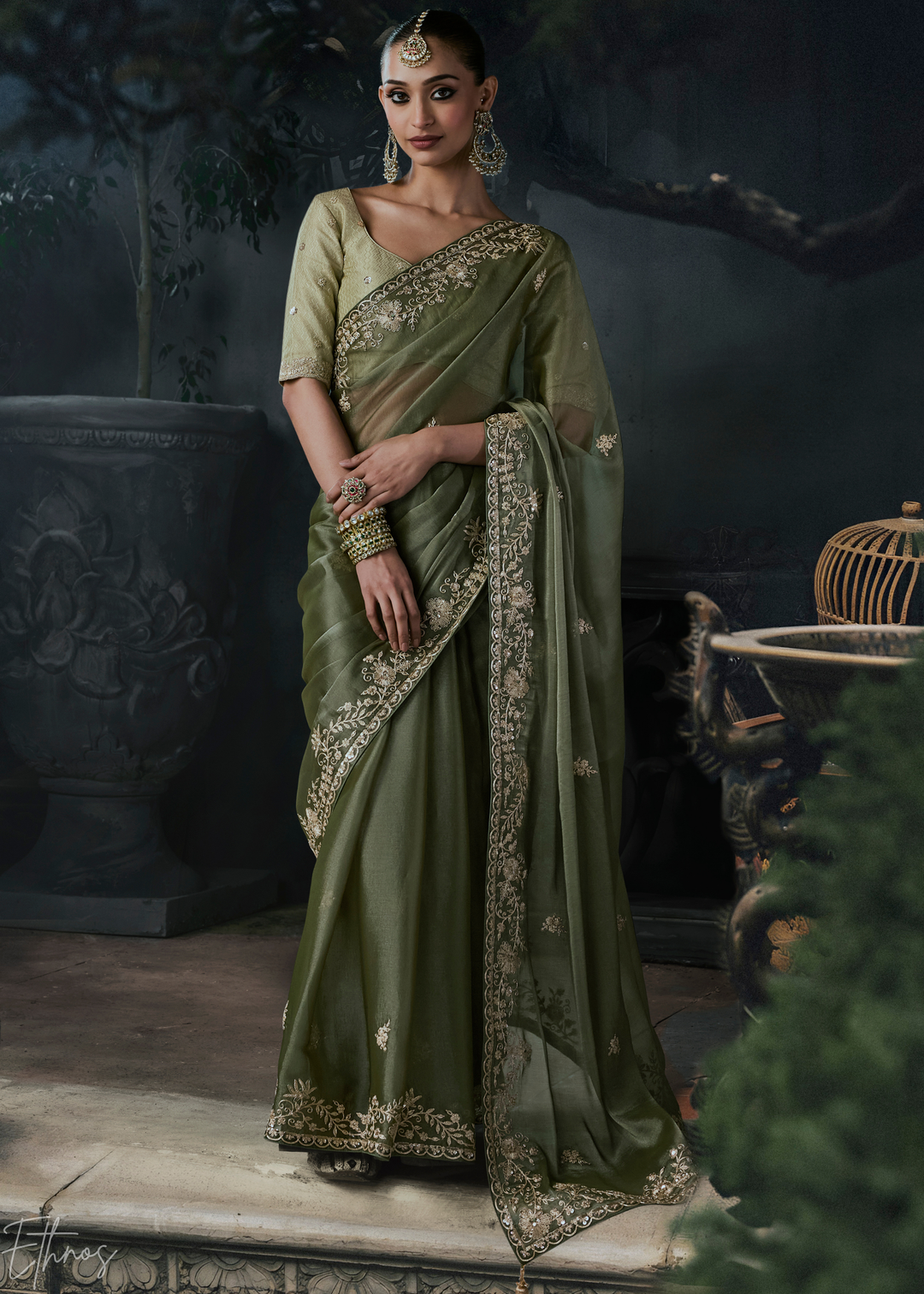 Sage Green Classic Border Organza Silk Saree