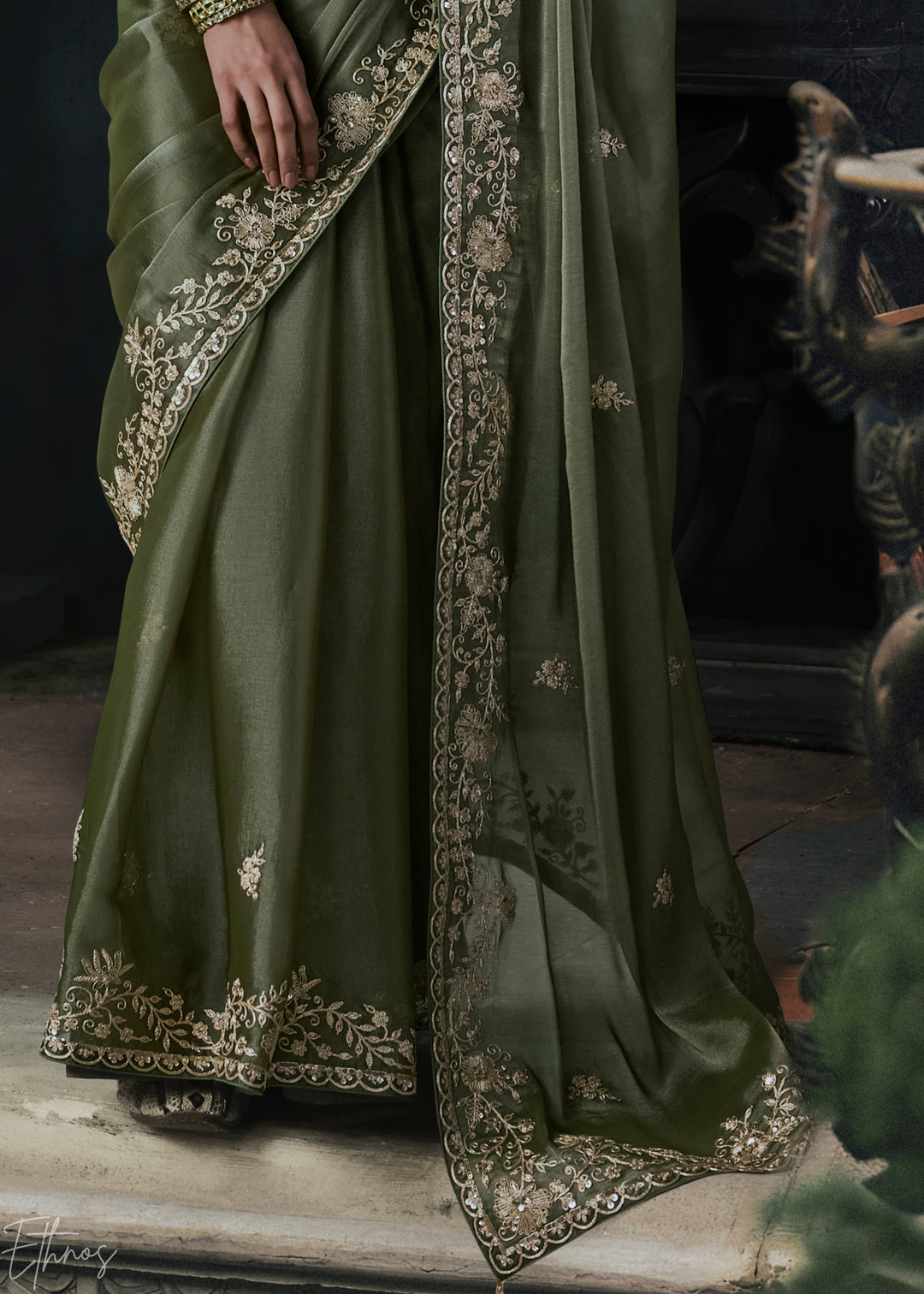 Sage Green Classic Border Organza Silk Saree