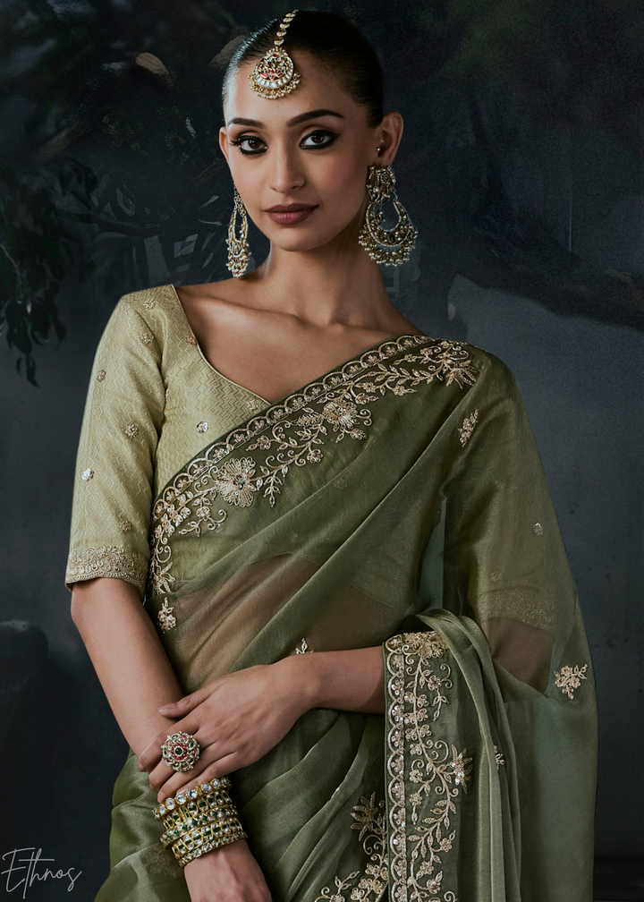 Sage Green Classic Border Organza Silk Saree