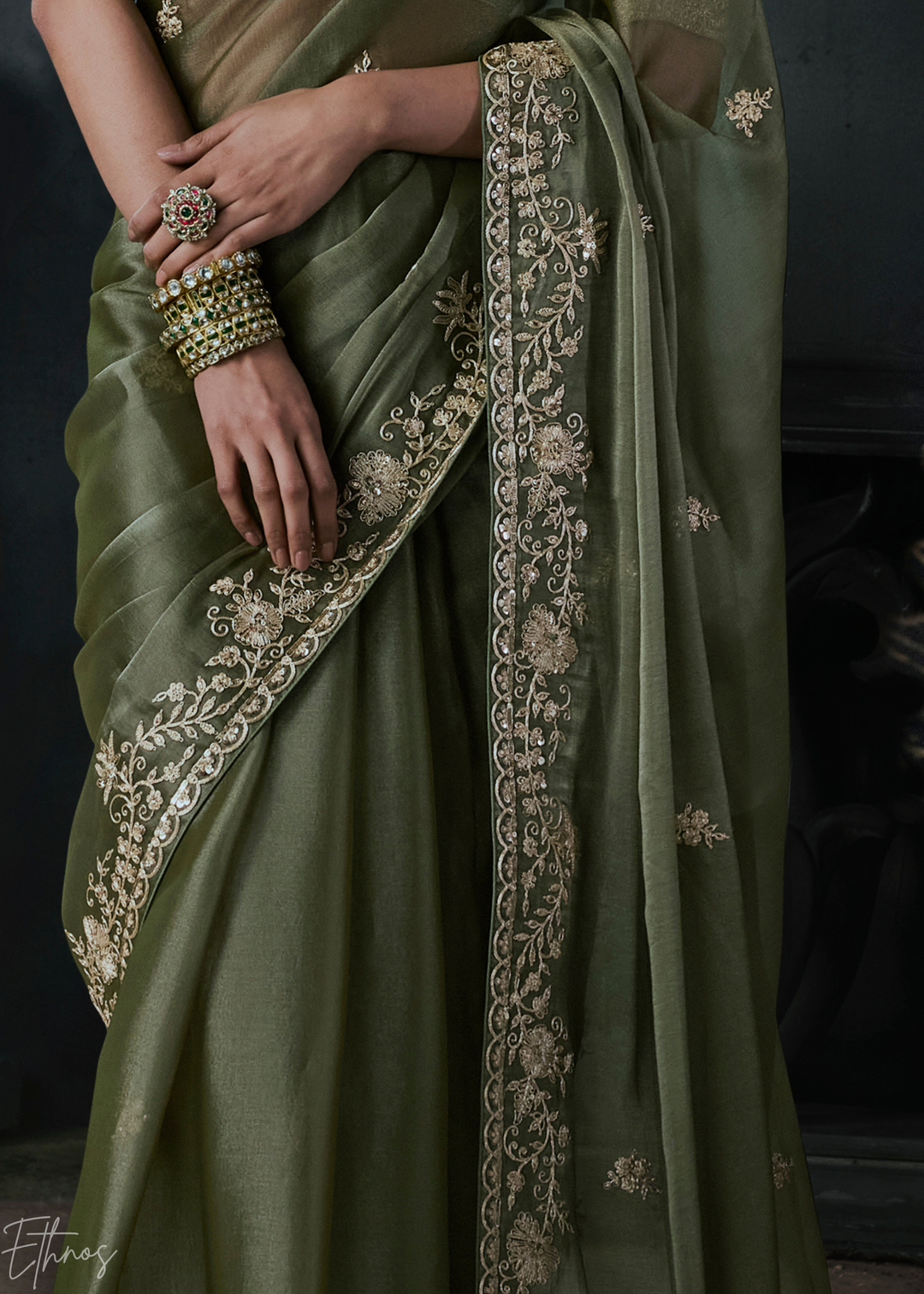 Sage Green Classic Border Organza Silk Saree
