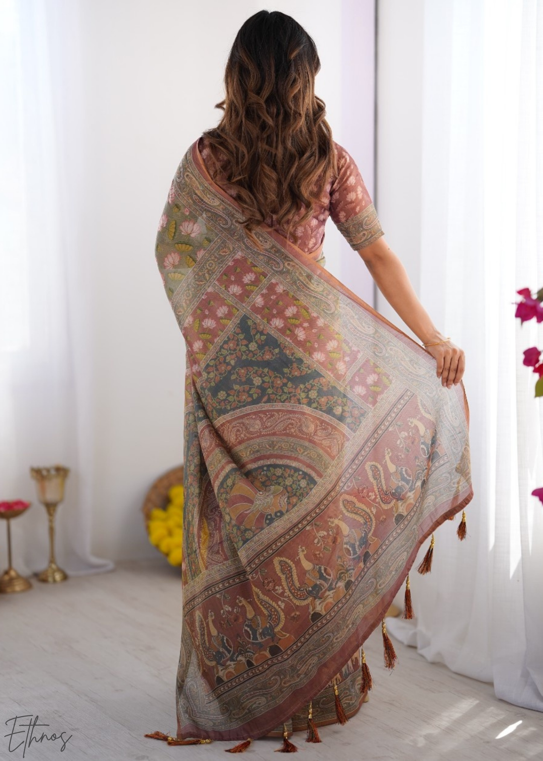 Sage Green Pink Lotus Kalamkari Cotton Linen Saree
