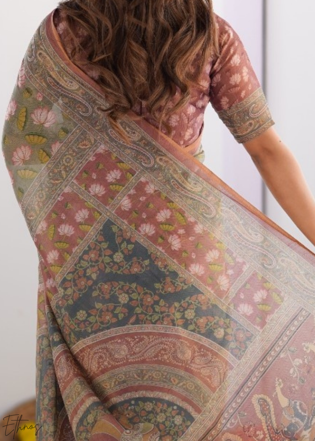 Sage Green Pink Lotus Kalamkari Cotton Linen Saree