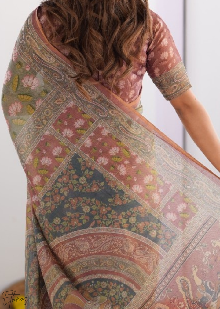 Sage Green Pink Lotus Kalamkari Cotton Linen Saree