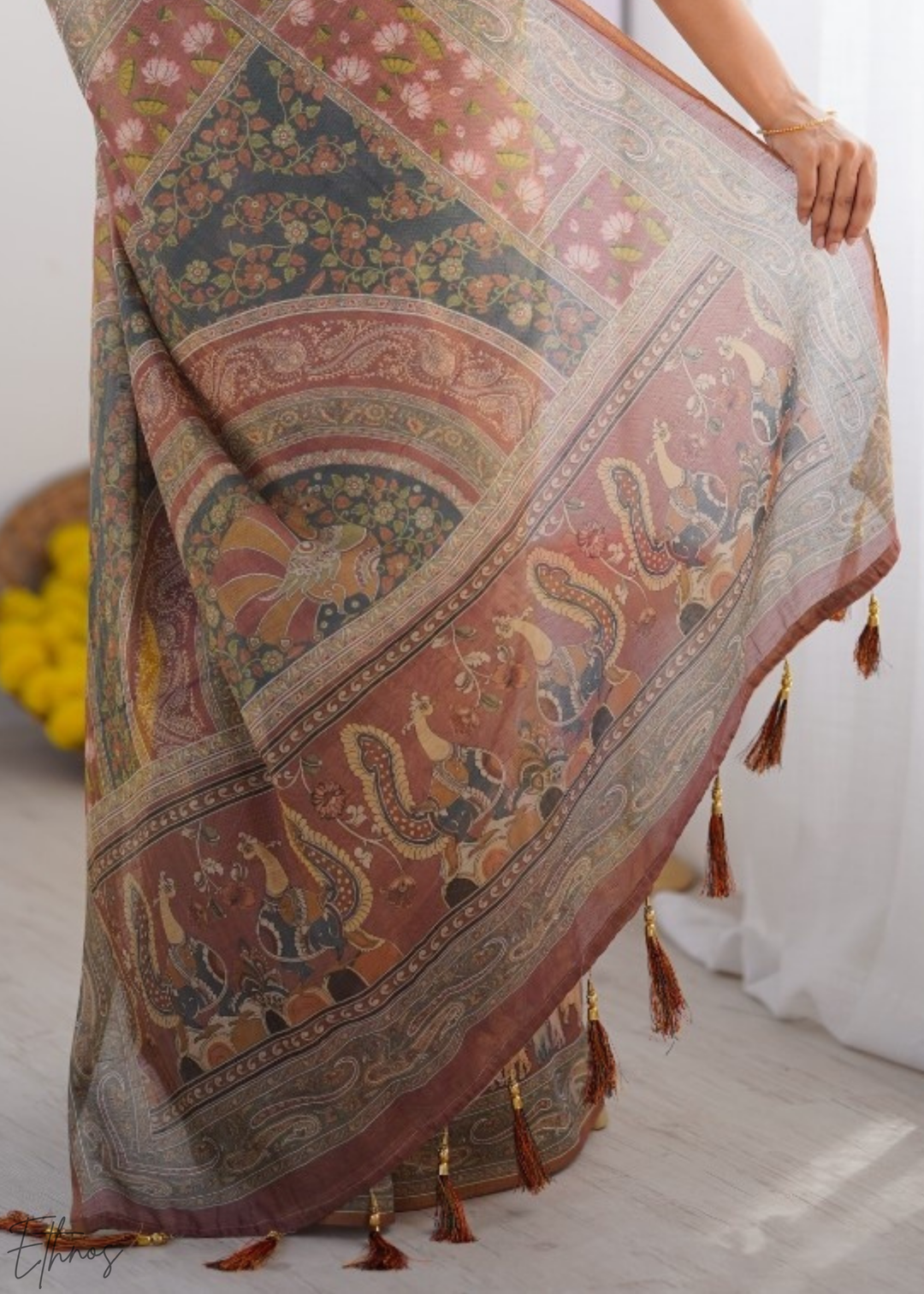 Sage Green Pink Lotus Kalamkari Cotton Linen Saree