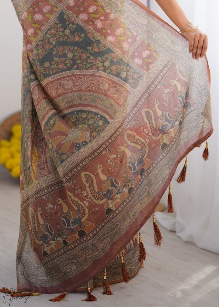 Sage Green Pink Lotus Kalamkari Cotton Linen Saree