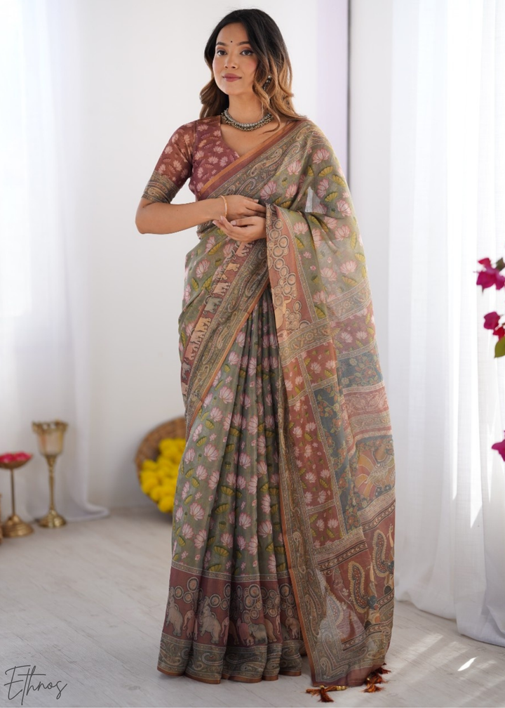Sage Green Pink Lotus Kalamkari Cotton Linen Saree