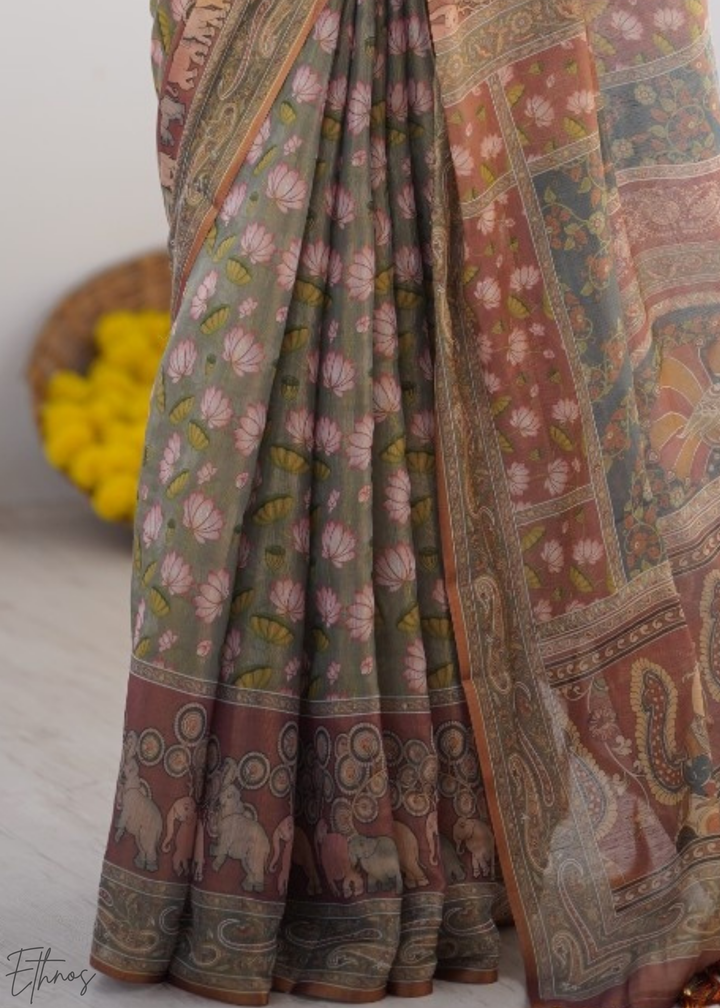 Sage Green Pink Lotus Kalamkari Cotton Linen Saree