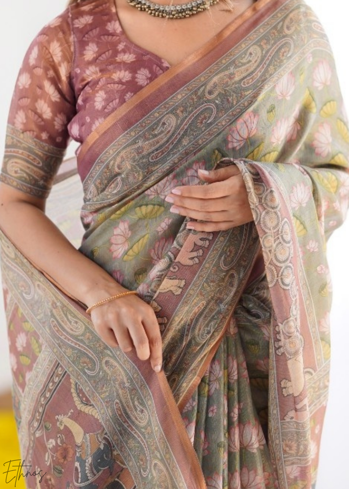 Sage Green Pink Lotus Kalamkari Cotton Linen Saree
