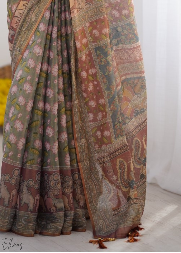Sage Green Pink Lotus Kalamkari Cotton Linen Saree