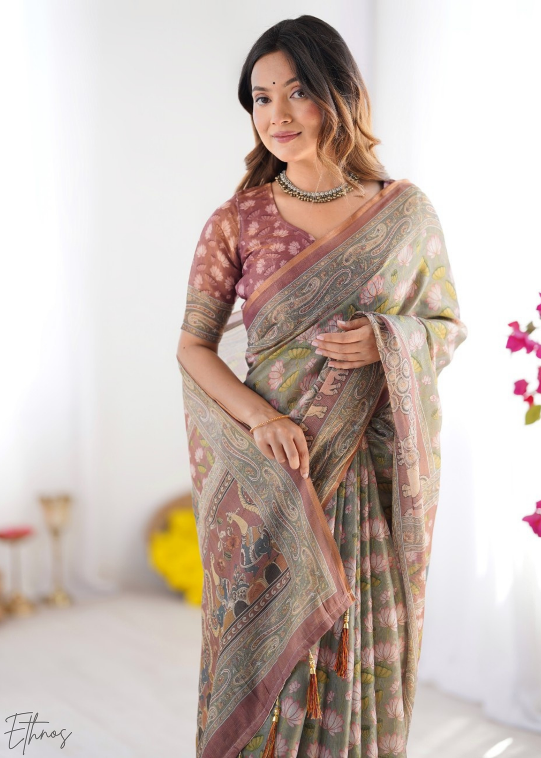 Sage Green Pink Lotus Kalamkari Cotton Linen Saree