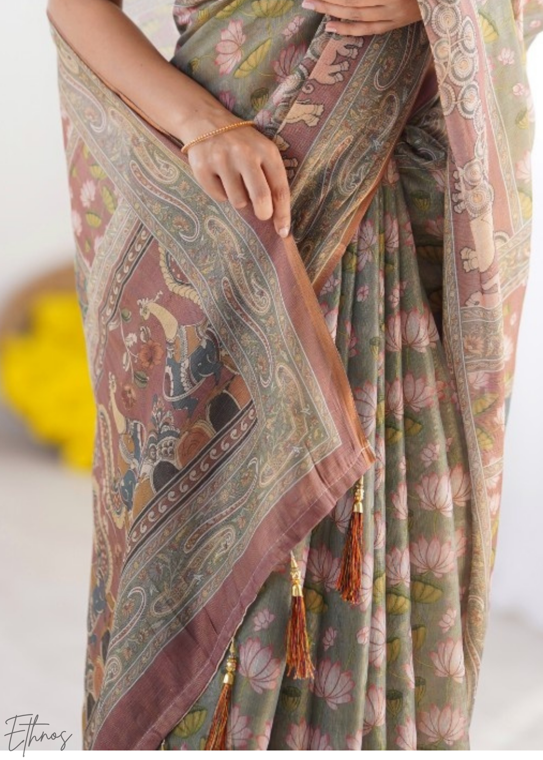 Sage Green Pink Lotus Kalamkari Cotton Linen Saree