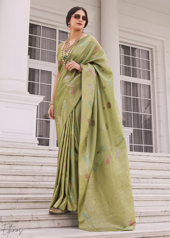 Sage Green Damask Kora Silk Saree