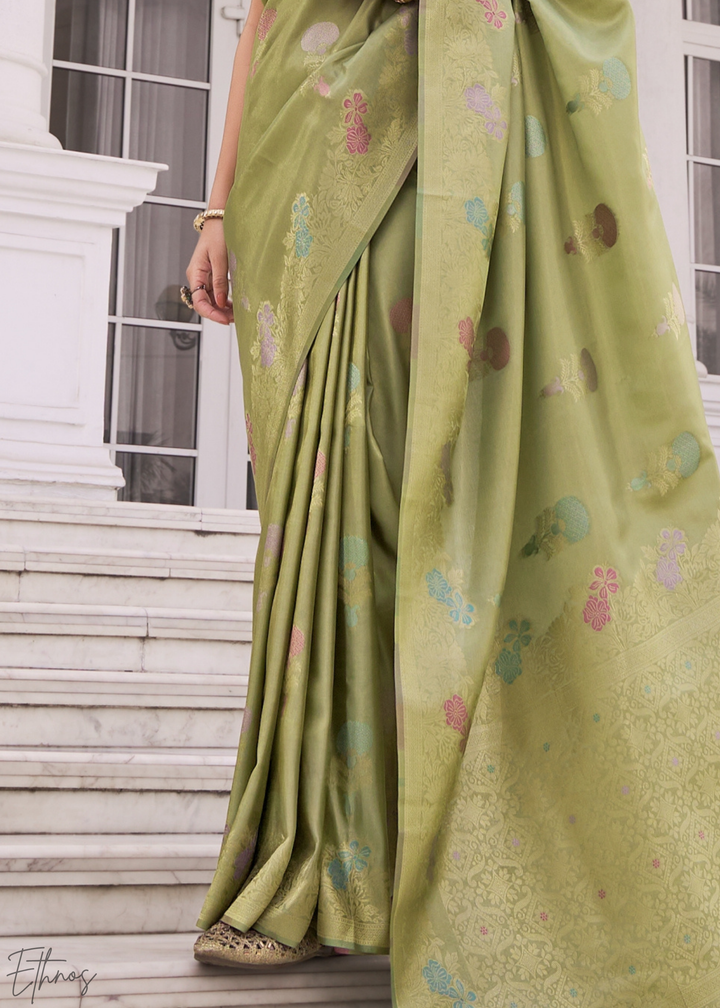 Sage Green Damask Kora Silk Saree