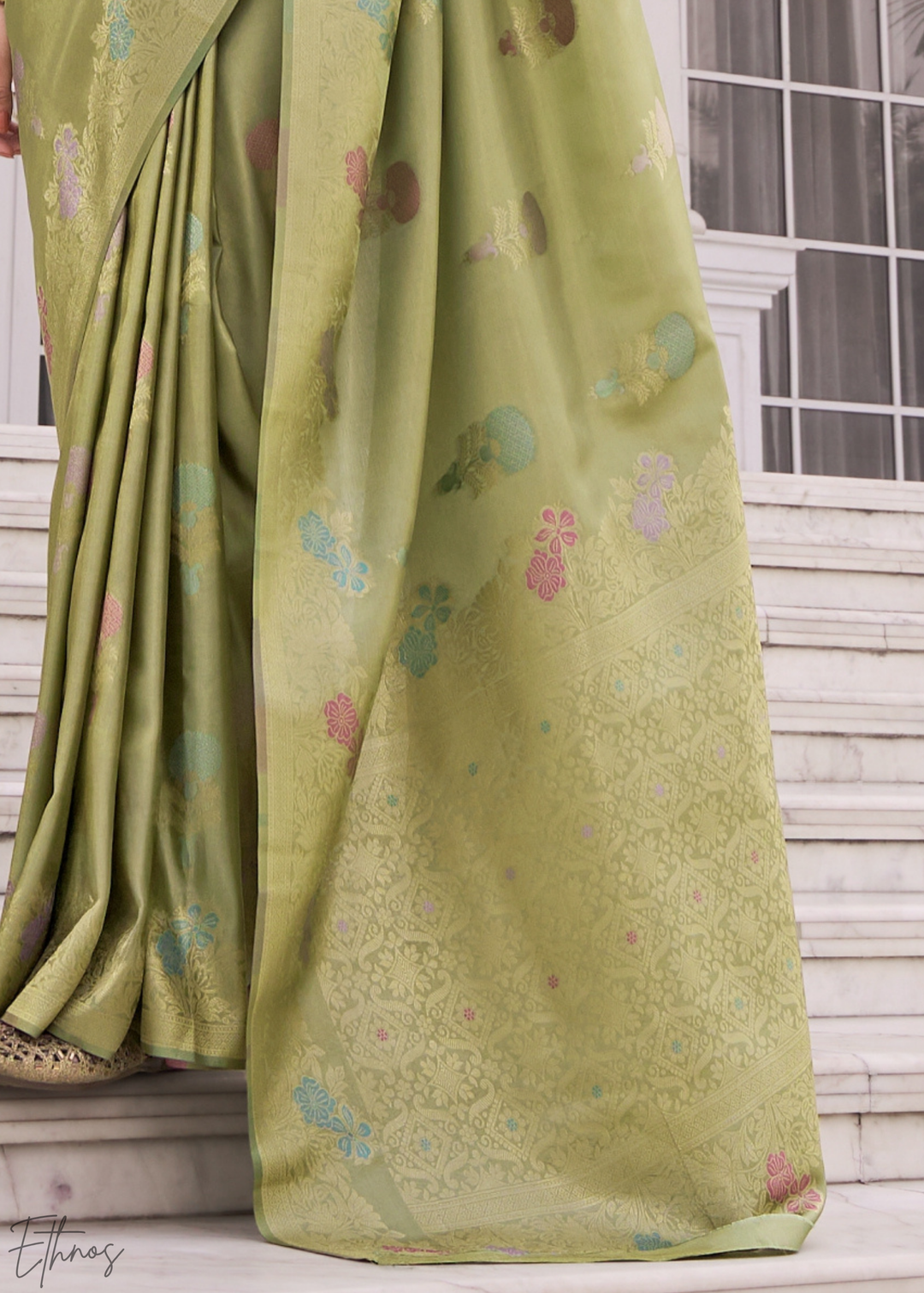 Sage Green Damask Kora Silk Saree