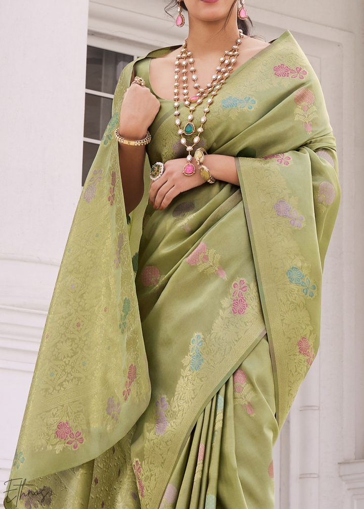 Sage Green Damask Kora Silk Saree