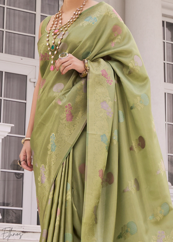 Sage Green Damask Kora Silk Saree