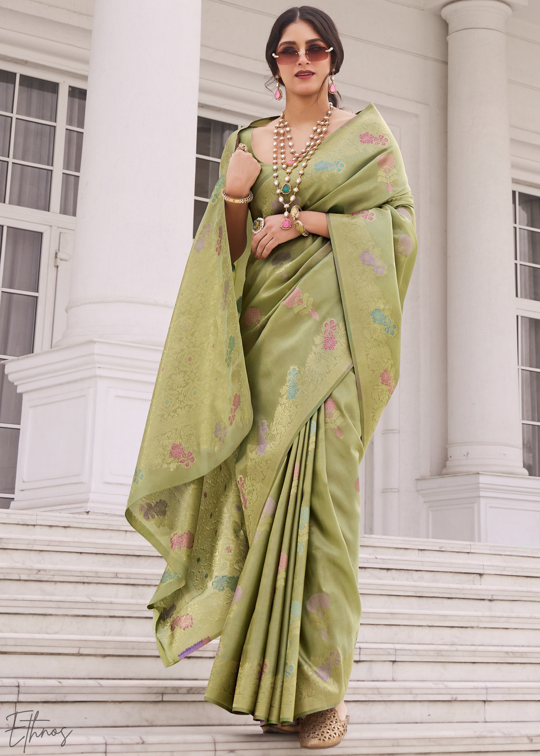 Sage Green Damask Kora Silk Saree
