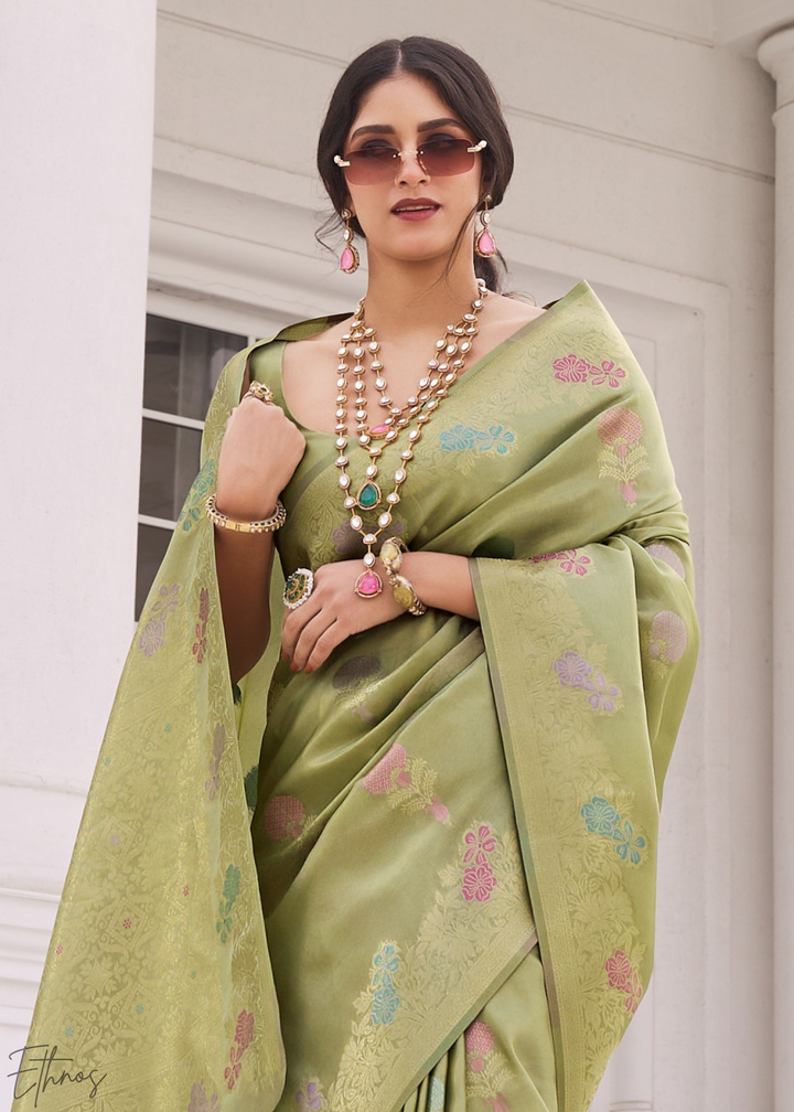 Sage Green Damask Kora Silk Saree