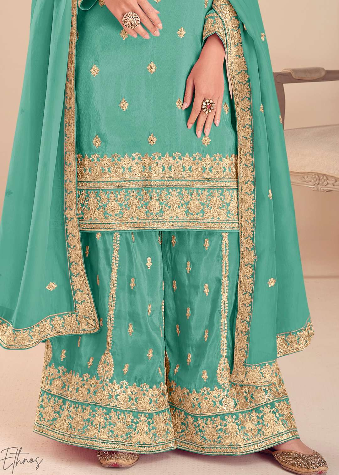 Teal Green Emboidered Shimmer Silk Sharara Suit