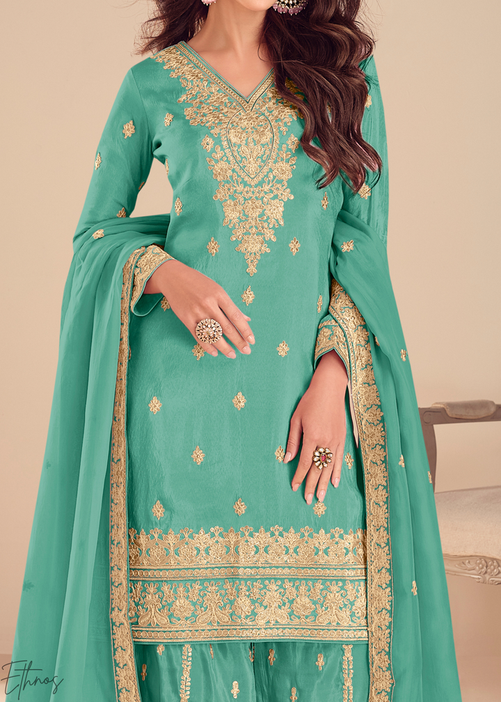 Teal Green Emboidered Shimmer Silk Sharara Suit