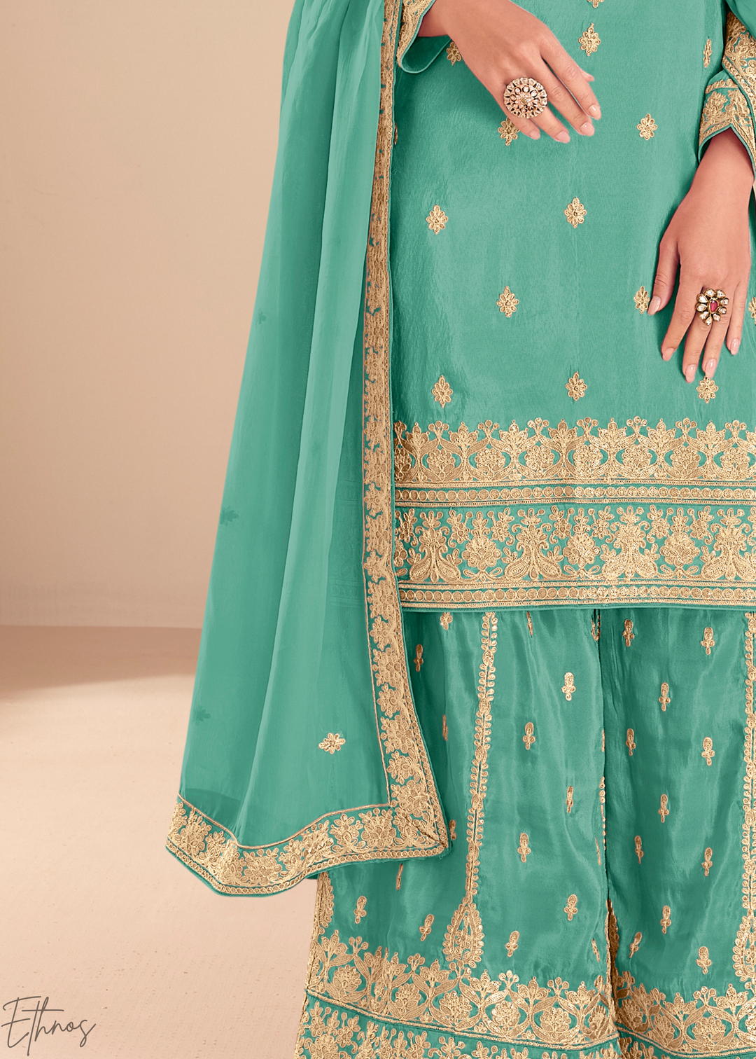 Teal Green Emboidered Shimmer Silk Sharara Suit