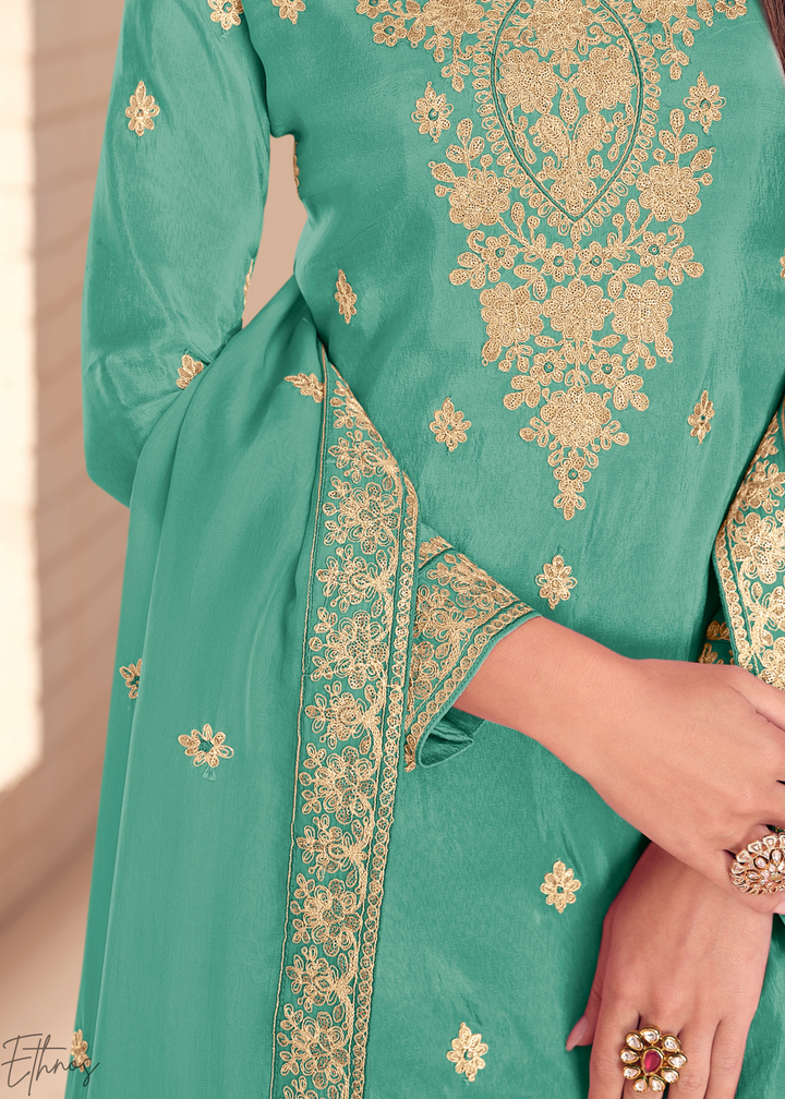 Teal Green Emboidered Shimmer Silk Sharara Suit