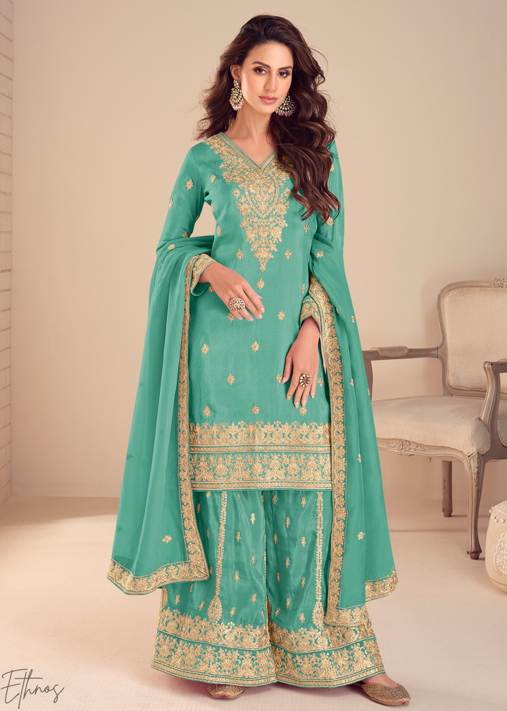 Teal Green Emboidered Shimmer Silk Sharara Suit