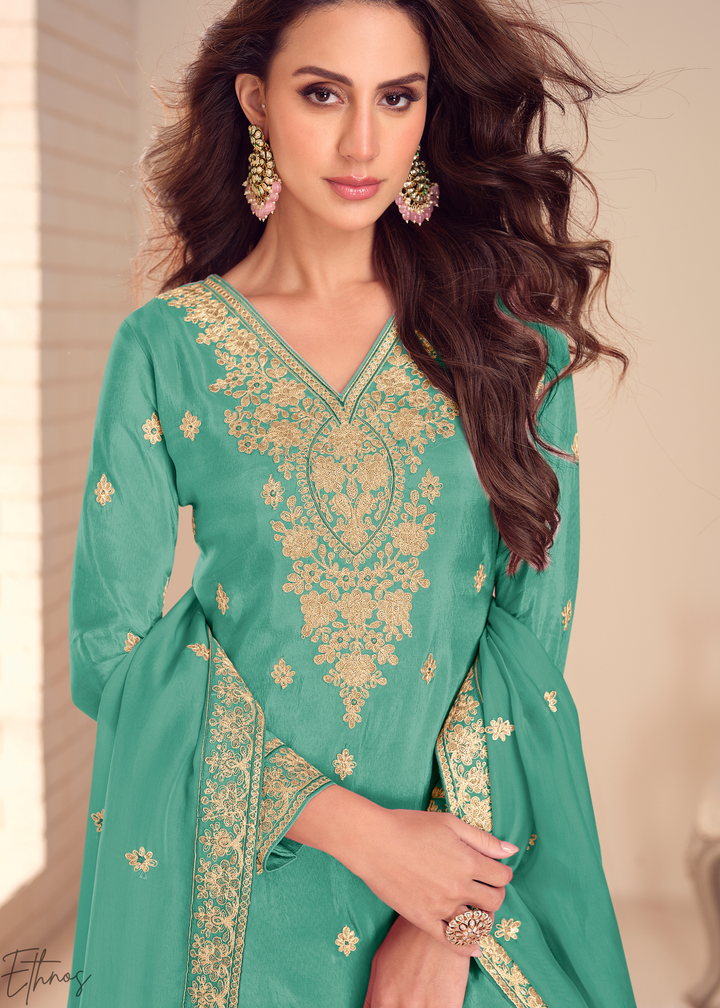Teal Green Emboidered Shimmer Silk Sharara Suit