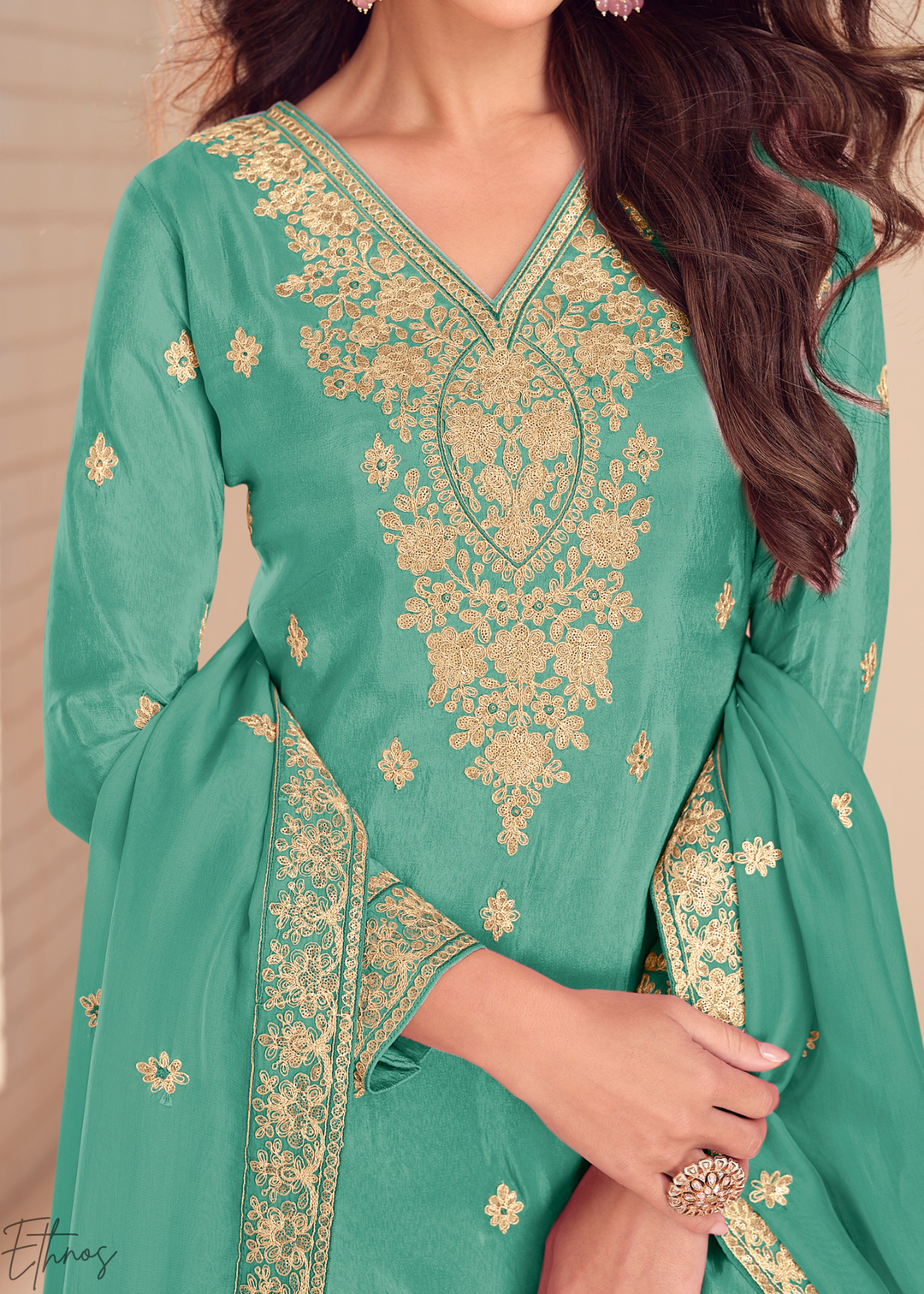Teal Green Emboidered Shimmer Silk Sharara Suit