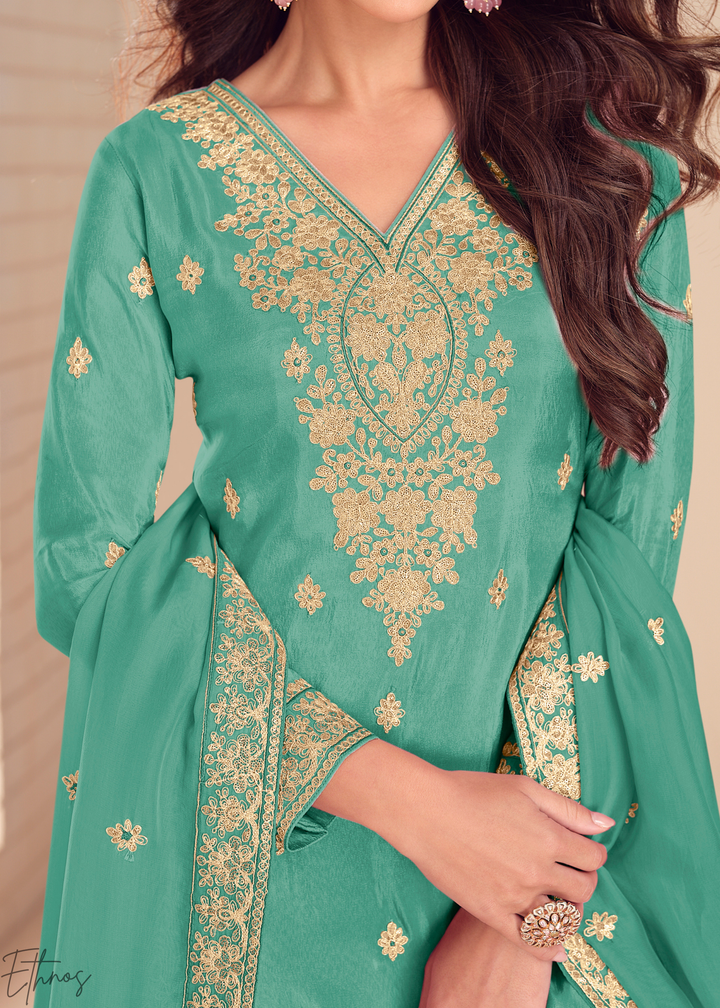 Teal Green Emboidered Shimmer Silk Sharara Suit